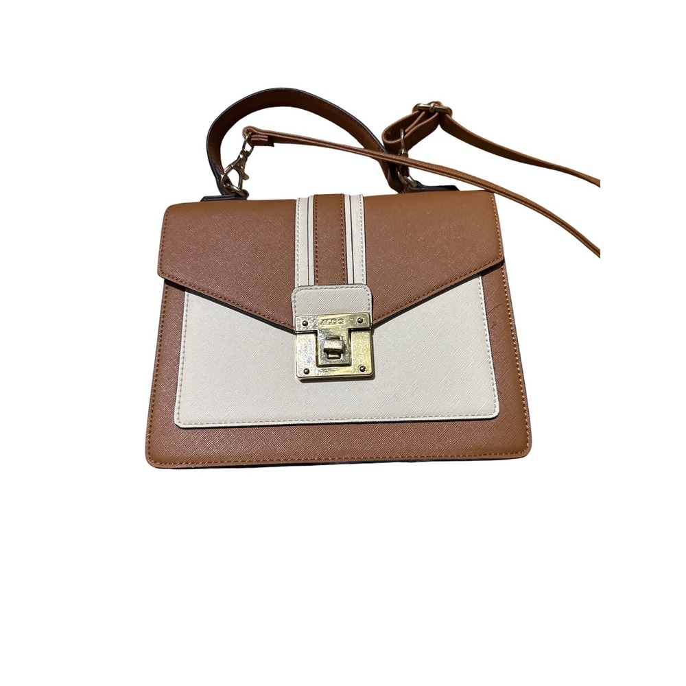 Aldo Women Tan Cream Colorblock Saffiano Faux Leather Satchel Crossbody Bag